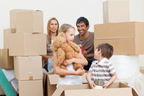Trained removals staff handling boxes and fragile items carefully